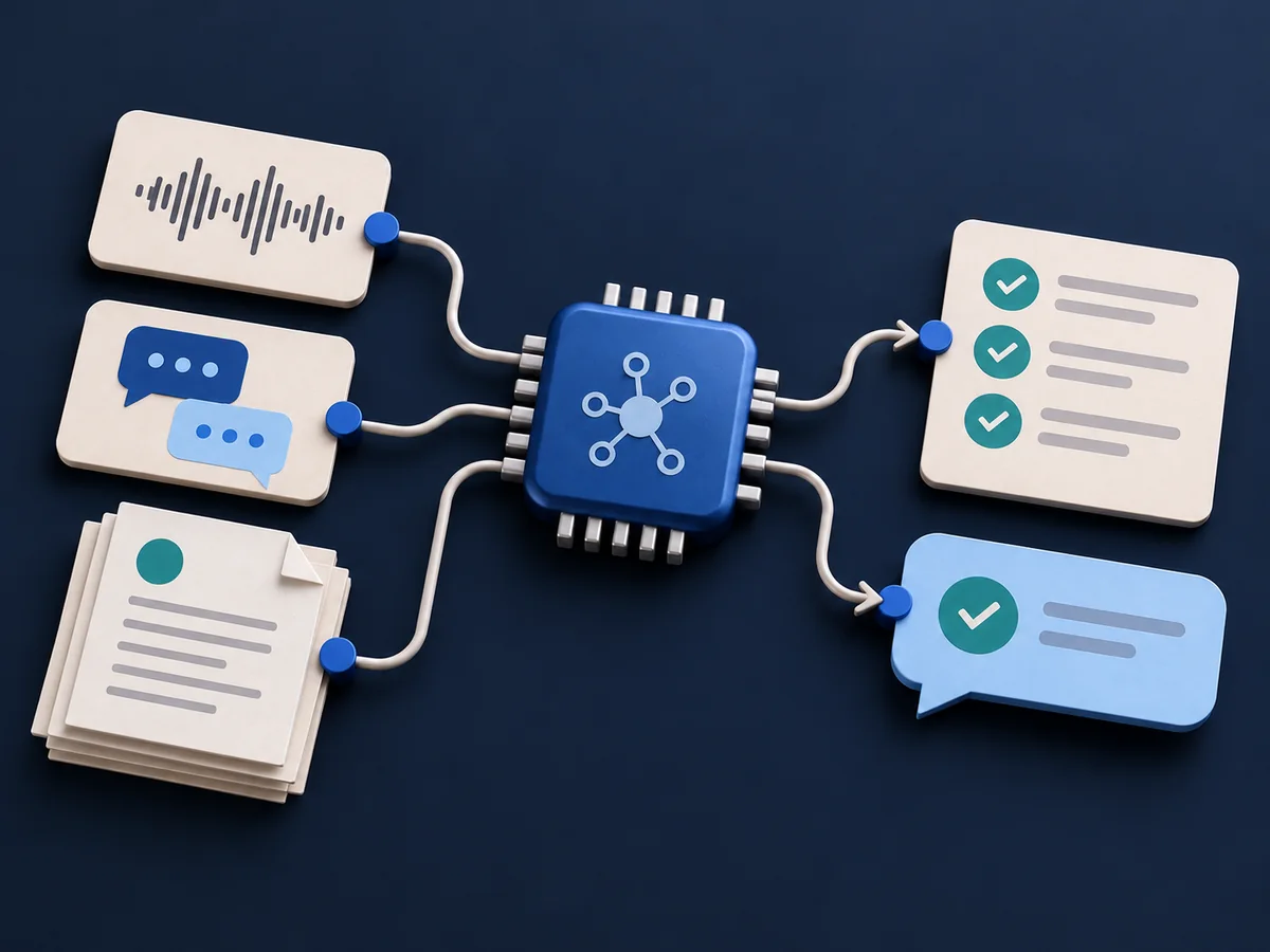 Enquiries, voice and documents connected to an AI module that prepares a response and action list