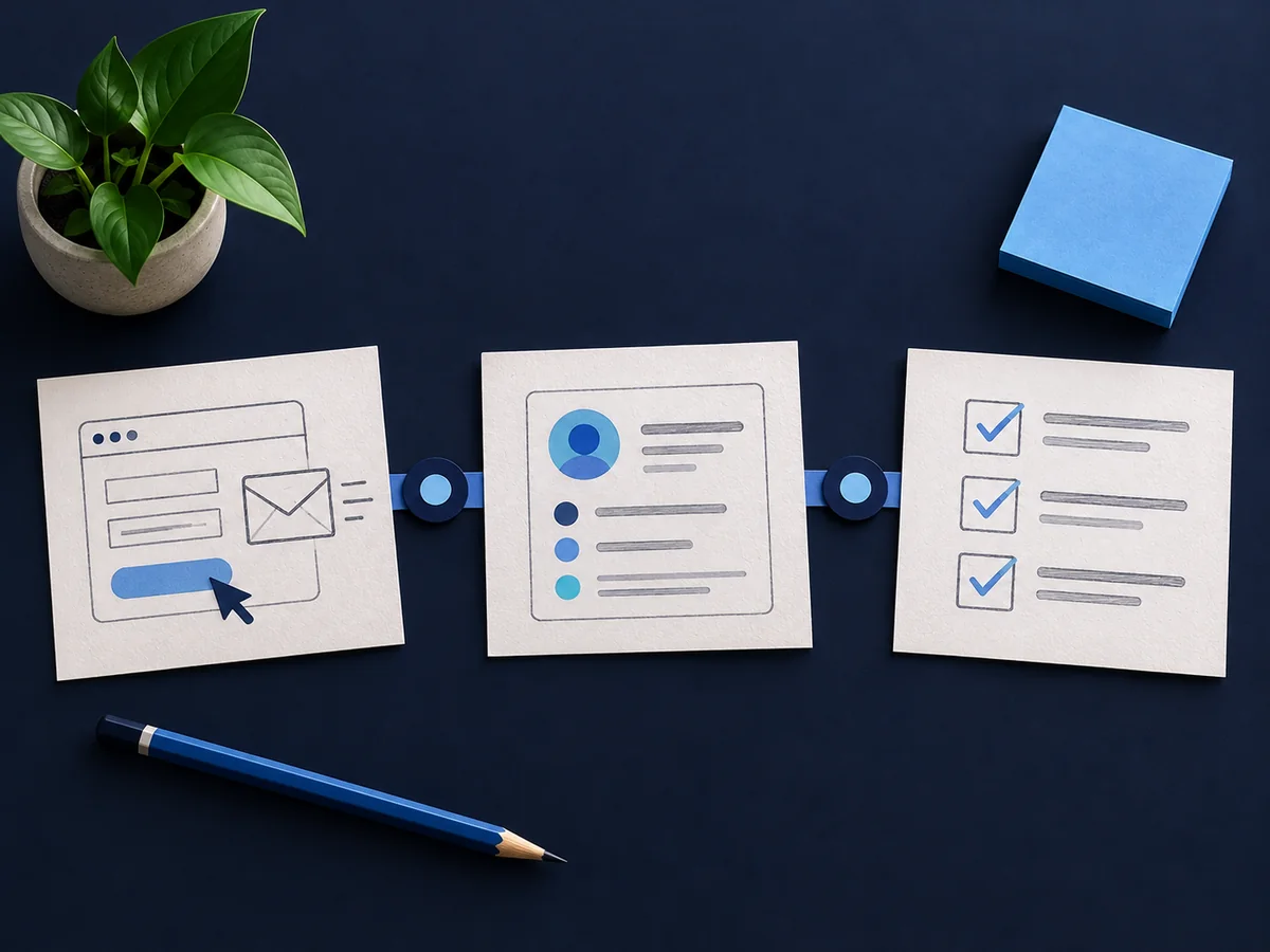 Paper diagrams of a form, customer record and task list connected in one workflow