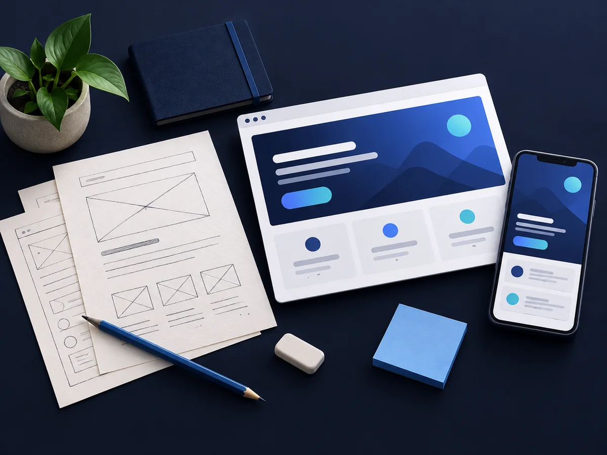 Page sketches, a web interface and a mobile layout on a work desk
